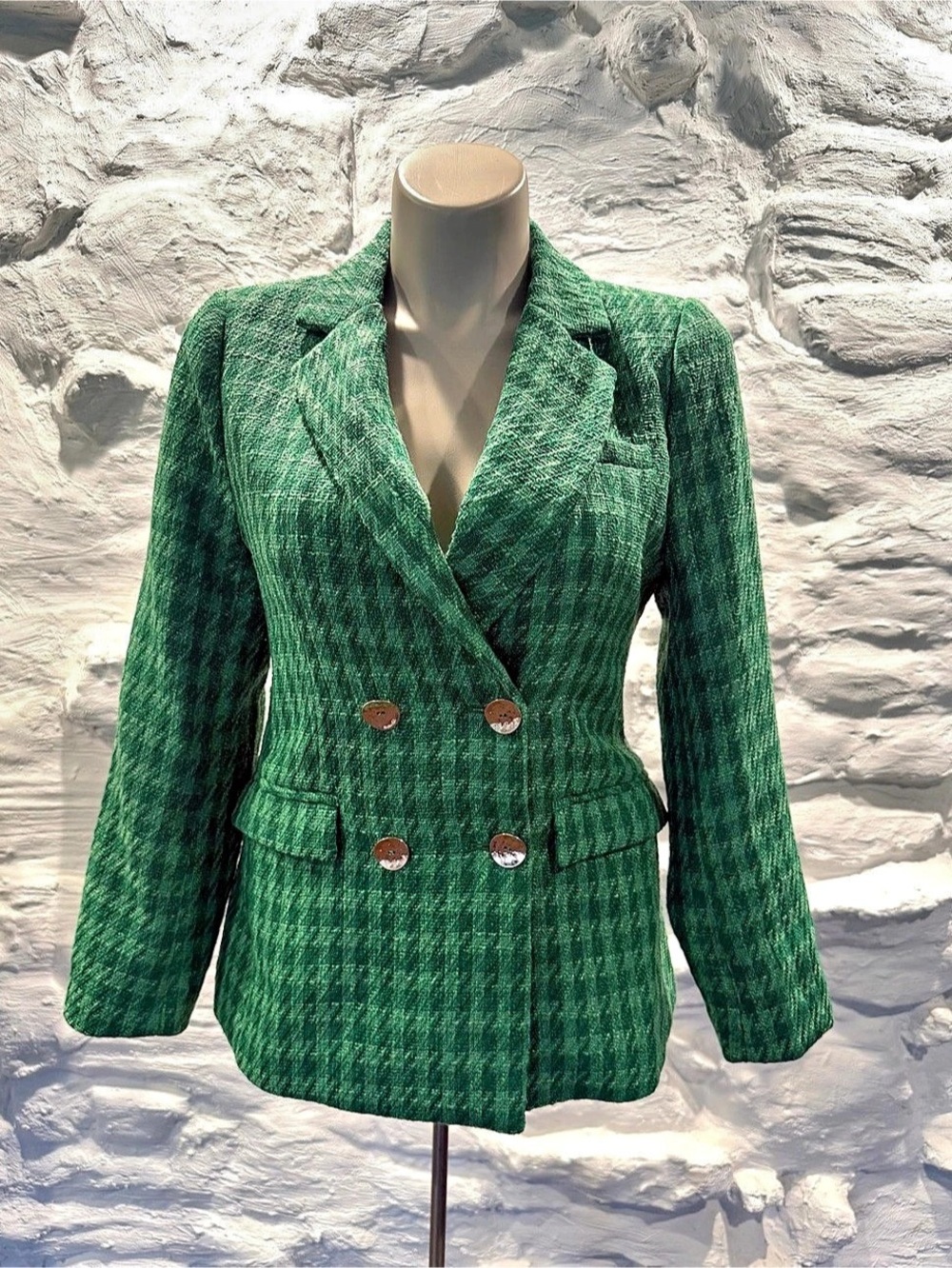 JODIFL Emerald Green Textured Double Breasted Blazer Jacket Gold Buttons M